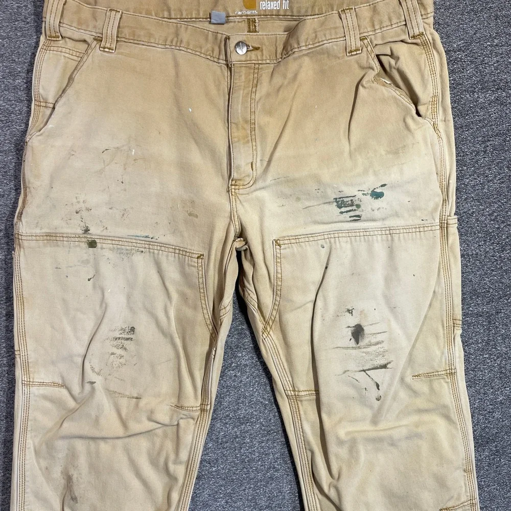 Carhartt Pants Relaxed Fit Double Knee 42x30 Work Pants Tan Distressed Canvas